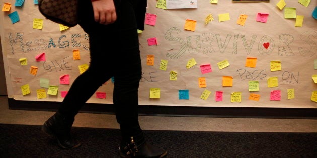 A sign created by students as part of an anti-violence project, following an assault on campus, contains messages of support at the University of Victoria in B.C. on March 4, 2016.