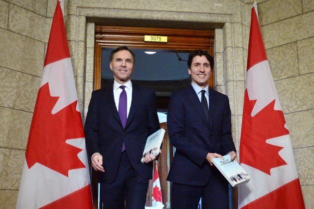 Finance Minister Bill Morneau and Prime Minister Justin Trudeau leave the prime minister's office to table the federal budget in the House of Commons in Ottawa on Tuesday.