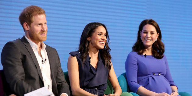 Prince Harry, Meghan Markle and the Duchess of Cambridge speak at the Royal Foundation Forum on Feb. 28, in London.