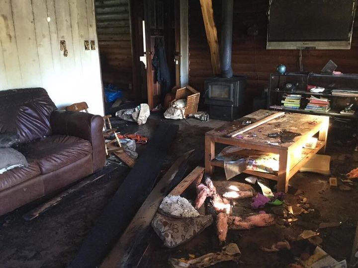 The Finleys' living room is pictured after a fire gutted their home.