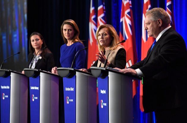 Ontario PC leadership candidate Christine Elliott speaks as candidates Tanya Granic Allen, left, Caroline Mulroney and Doug Ford participate in a debate in Ottawa on Feb. 28, 2018.