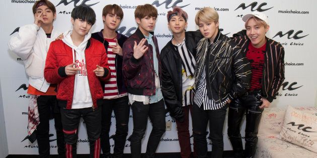 Jin, Suga, J-Hope, Rap Monster, Jimin, V and JungKook of the South Korean boy band 'BTS' visit Music Choice on March 22, 2017 in New York City.