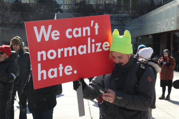 A protester during a clash over the M-103 motion to fight Islamophobia in downtown Toronto on Mar. 4, 2017.