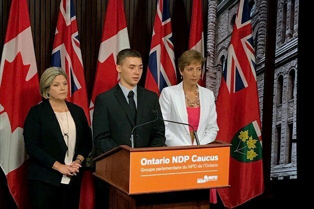 Noah Irvine is pictured speaking in favour of Bill 149, which aims to establish a mental health ministry in Ontario, with Ontario NDP Leader Andrea Horwath and the party's health critic France Gélinas.