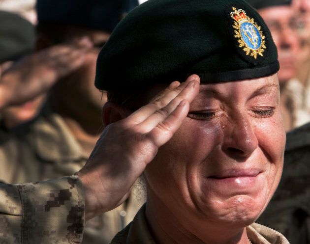 A Canadian soldier during a Remembrance Day ceremony at Kandahar Air Field, on Nov. 11, 2011.