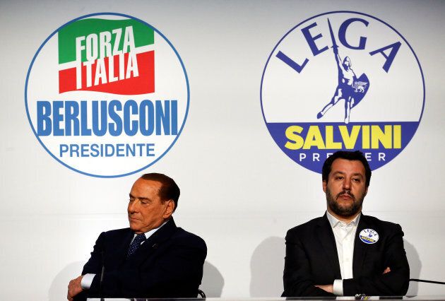 Forza Italia leader Silvio Berlusconi sits next to Northern League leader Matteo Salvini during a meeting in Rome on Mar. 1, 2018.