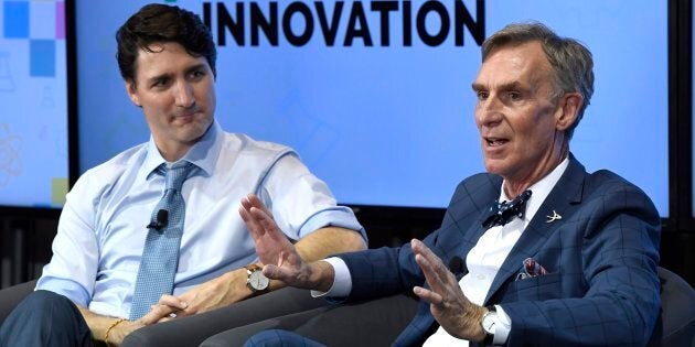 Prime Minister Justin Trudeau participates in an armchair discussion with Bill Nye at the University of Ottawa on March 6, 2018.