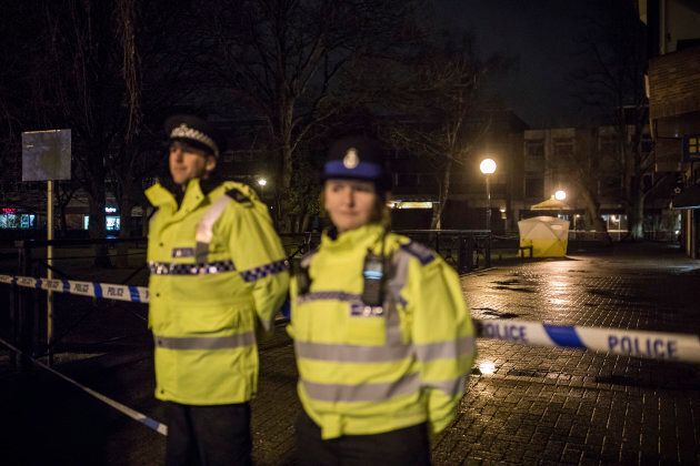 A forensic tent stands over a bench where a man and a women had been found unconcious the previous day, on March 5, 2018 in Salisbury, England.