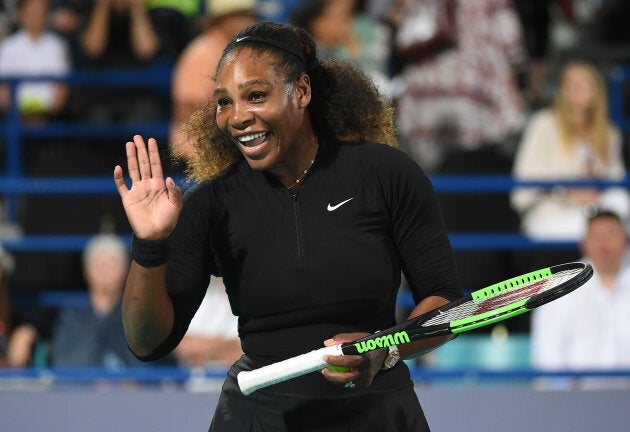 Serena Williams of United States smiles during her Ladies Final match against Jelena Ostapenko of Latvia on day three of the Mubadala World Tennis Championship at International Tennis Centre Zayed Sports City on December 30, 2017.