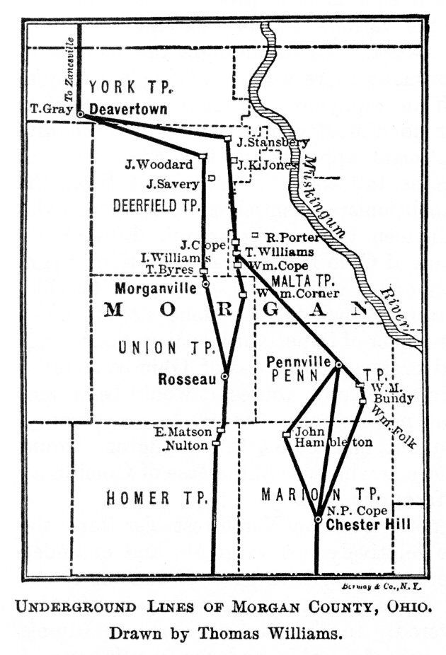 Illustration shows the network of 'Underground Railroad' routes in Morgan County, Ohio, used by slaves to escape into free states or Canada, 1848. Illustration was published in 1898.
