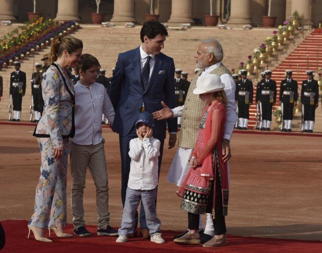 Prime Minister Justin Trudeau and his family meet Indian MP Narendra Modi at the ceremonial reception at Rashtrapati Bhawan on Feb. 23, 2018 in New Delhi, India.