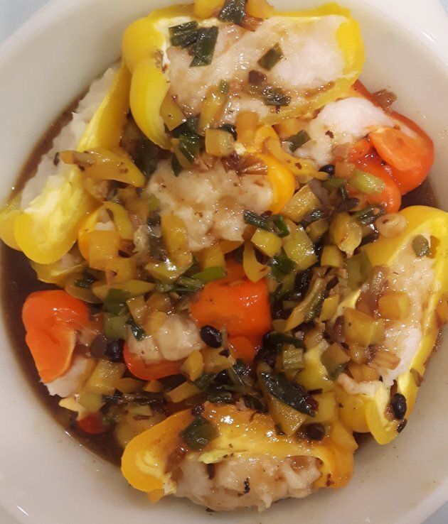 My favourite dish to make: peppers stuffed with fish paste and black bean sauce.