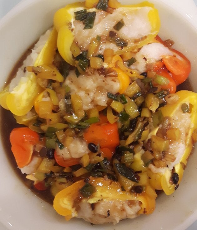 My favourite dish to make: peppers stuffed with fish paste and black bean sauce.