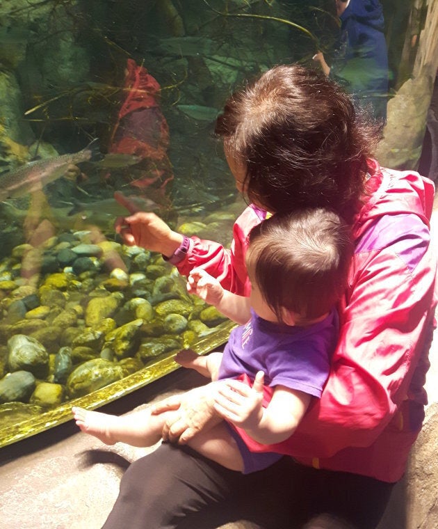 My mom and my daughter watching the fish.