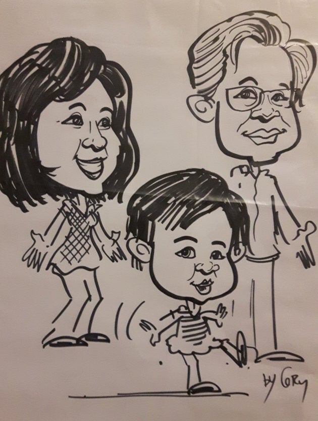 A cartoon of my parents and my daughter.