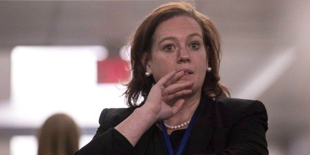 PC MPP Lisa MacLeod stands in a hallway during confusion about the result at the Ontario PC leadership announcement in Markham, Ont. on Saturday.