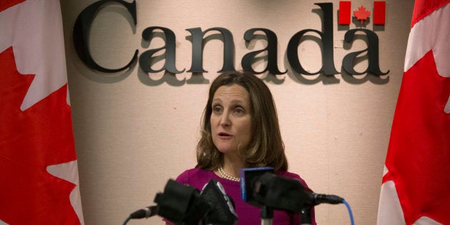 Minister Chrystia Freeland speaks to the media from her Toronto office following U.S. President Trump's exemption for Canada and Mexico of steel and aluminum tariffs on Thursday.