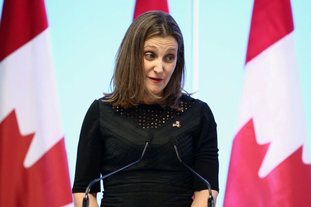 Chrystia Freeland speaks during a joint news conference on the closing of the seventh round of NAFTA talks in Mexico City, Mexico on March 5, 2018.