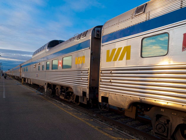 A VIA Rail train waiting at a platform in Edmonton, Alta.