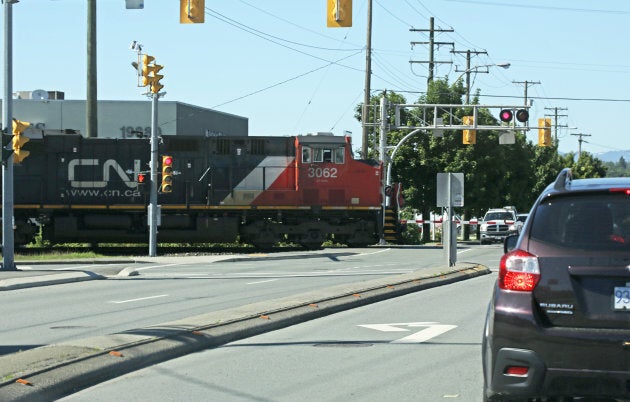 A CN train at a crossing in Langley, B.C.