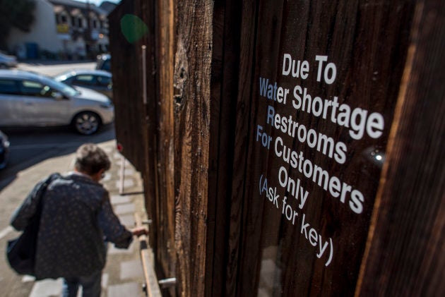 A sign in the window of a restaurant in Cambria, California, on April 12, 2015.