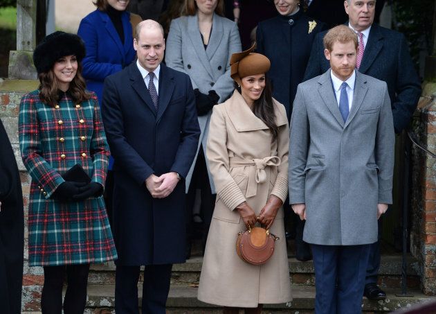 The Duke and Duchess of Cambridge, Meghan Markle and Prince Harry leaving church service on Dec. 25, 2017.