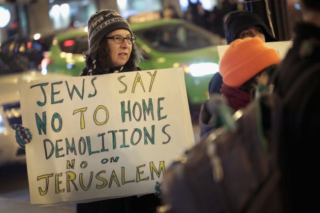 Demonstrators with Jewish Voice for Peace Chicago protest President Donald Trump's decision to recognize Jerusalem as the capital of Israel on Dec. 14, 2017 in Chicago.