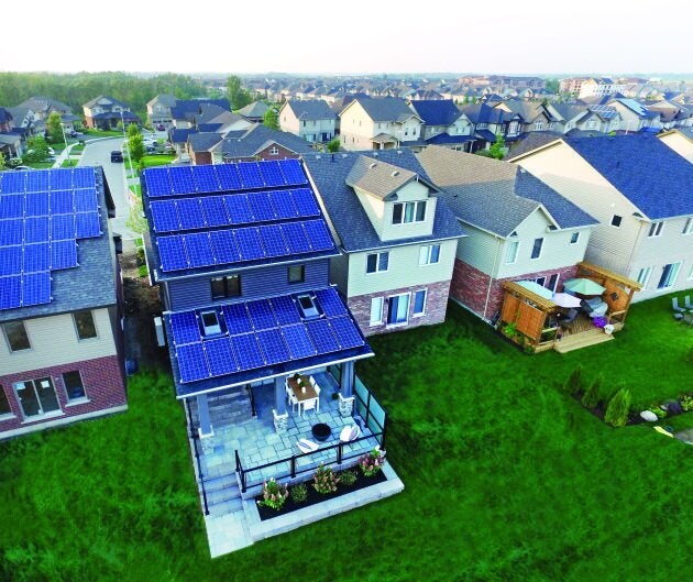 Solar panels are shown on a net-zero energy home in Guelph, Ont.