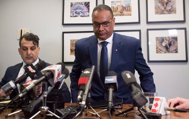 Jaspal Atwal arrives with his lawyer Rishi T. Gill for a news conference in downtown Vancouver, on March 8, 2018.