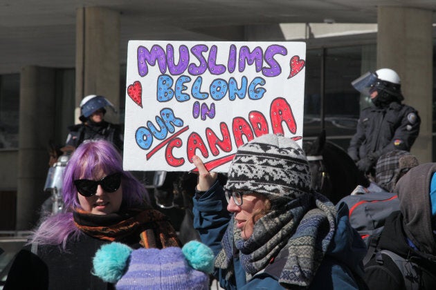 A protest over the M-103 motion to fight Islamophobia, in downtown Toronto on March 4, 2017.