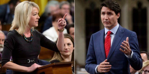 Conservative House Leader Candice Bergen and Prime Minsiter Justin Trudeau speak in the House of Commons during question period on March 26, 2018.