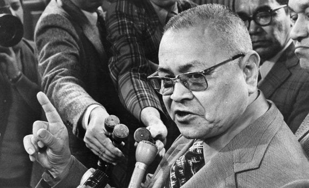 British Columbia cabinet minister Frank Calder talks to media in Ottawa Feb.8, 1973 after meeting with Prime Minister Pierre Trudeau and Indian Affairs Minister Jean Chretien.