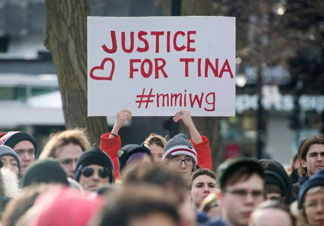 People attend a rally in memory of Tina Fontaine in Montreal, Feb. 24, 2018.