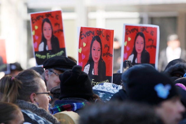 Family and supporters of Thelma Favel, Tina Fontaine's great-aunt and the woman who raised her, march Friday, Feb. 23, 2018, in Winnipeg the day after the jury delivered a not-guilty verdict in the second-degree murder trial of Raymond Cormier.