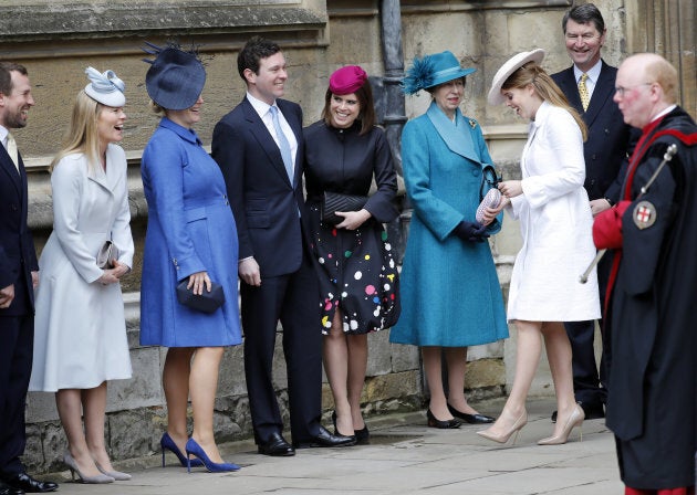 Princess Eugenie and other members of Britain's royal family arrive for the annual Easter Sunday service at St George's Chapel at Windsor Castle in Windsor, Britain, April 1, 2018.