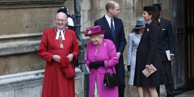 Queen Elizabeth and Prince William and Catherine, Duchess of Cambridge, leave the annual Easter Sunday service at St George's Chapel at Windsor Castle in Windsor, April 1, 2018.