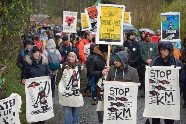 Protesters demonstrate against Kinder Morgan's planned expansion of its Trans Mountain pipeline in Burnaby, B.C.
