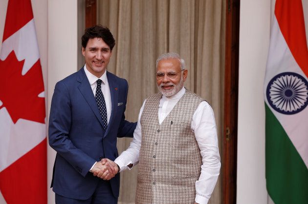 Prime Minister Justin Trudeau shakes hands with his Indian counterpart Narendra Modi during a photo opportunity ahead of their meeting at Hyderabad House in New Delhi, India, Feb. 23, 2018.