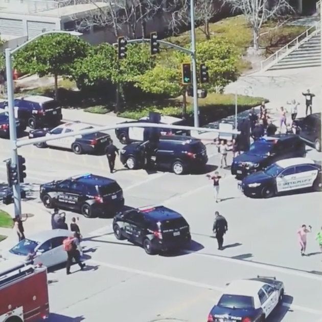 Officials are seen following a shooting at the headquarters of YouTube, in San Bruno, Calif. on April 3, 2018 in this picture grab obtained from social media video.