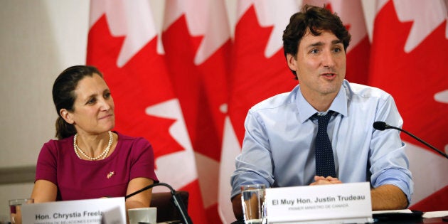 Prime Minister Justin Trudeau and Foreign Affairs Minister Chrystia Freeland speak in Mexico City, Mexico on Oct. 12, 2017.