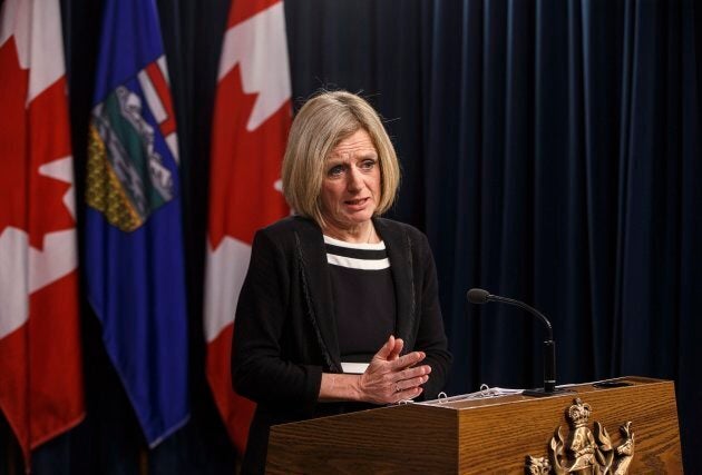 Alberta Premier Rachel Notley gives a statement about the status of the Kinder Morgan pipeline expansion in Edmonton on April 8, 2018.
