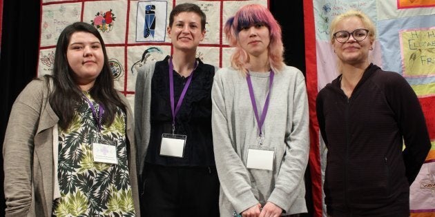 Shae-Lynn Noskye, Erin Pavan, Cheylene Happi Ugh-na Moon and Fialka Osean Jack-Flesh speak about “aging out of care” at a panel in Vancouver on April 6.