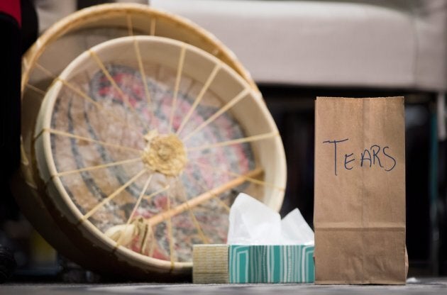 A paper bag used to collect the tears of those testifying, to then be burned in a sacred fire, is seen at the final day of hearings at the National Inquiry into Missing and Murdered Indigenous Women and Girls, in Richmond, B.C., on April 8, 2018.