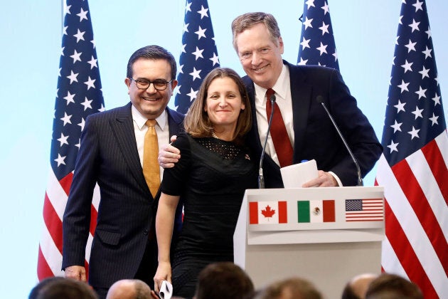 Mexican Economy Minister Ildefonso Guajardo, Canadian Foreign Minister Chrystia Freeland and United States Trade Representative Robert Lighthizer during a joint news conference on the closing of the seventh round of NAFTA talks in Mexico City, Mexico on March 5, 2018.