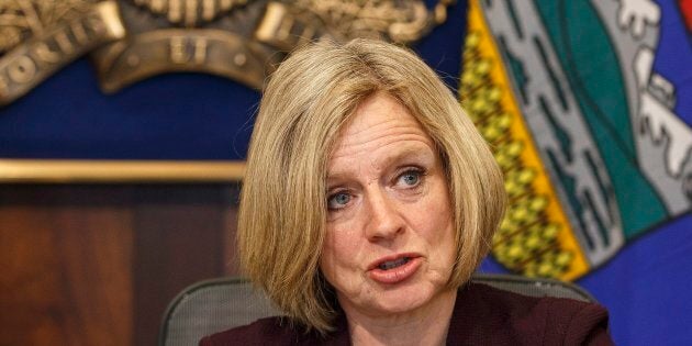 Alberta Premier Rachel Notley talks to cabinet members about the Kinder Morgan pipeline expansion in Edmonton on April 9, 2018.
