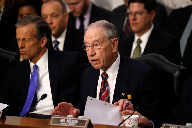 Sen. Chuck Grassley (R-IA) questions Facebook CEO Mark Zuckerberg as Zuckerberg testifies before a joint Judiciary and Commerce Committee hearing on Capitol Hill in Washington, D.C. on April 10, 2018.