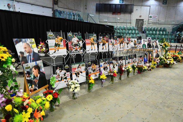 Photos of people involved in a fatal bus crash are seen before a vigil at the Elgar Petersen Arena, home of the Humboldt Broncos, in Humboldt, Saskatchewan, on April 8, 2018.