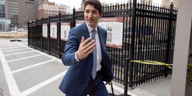 Prime Minister Justin Trudeau arrives on Parliament Hill before a meeting with B.C. Premier John Horgan and Alberta Premier Rachel Notley, on the deadlock over Kinder Morgan's Trans Mountain pipeline expansion in Ottawa on April 15, 2018.