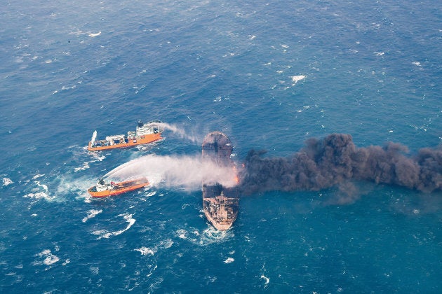 Rescue ships work to extinguish the fire on the Sanchi, a tanker carrying Iranian oil which went ablaze after a collision with a Chinese freight ship in the East China Sea on Jan. 10, 2018.