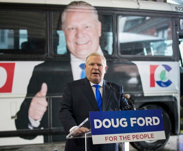 Ontario Progressive Conservative Leader Doug Ford unveiled the campaign bus and slogan at the Toronto Coach Terminal Arrival area on April 15, 2018.